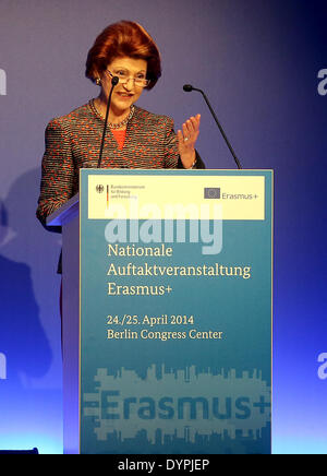 Berlin, Germany. 24th Apr, 2014. EU Commissioner for Education and Culture Androulla Vassiliou speaks during the national opening event for the European exchange program Erasmus   for general and vocational education, youth and sport in Berlin, Germany, 24 April 2014. Photo: WOLFGANG KUMM/dpa/Alamy Live News Stock Photo
