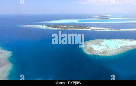 Aerial shot of Vilamendhoo, Maldives, from a sea plane coming into land Stock Photo