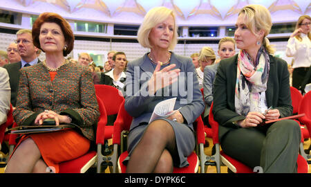 Berlin, Germany. 24th Apr, 2014. EU Commissioner for Education and Culture Androulla Vassiliou (L-R), German Education Minister Johanna Wanka and Family Minister Manuela Schwesig sit during the national opening event for the European exchange program Erasmus   for general and vocational education, youth and sport in Berlin, Germany, 24 April 2014. Photo: WOLFGANG KUMM/dpa/Alamy Live News Stock Photo