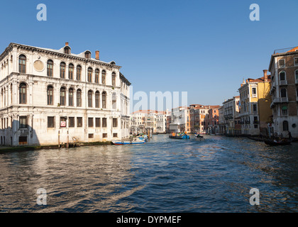 View of the Grand Canal from the Rialto Bridge on a bright, sunny day with blue sky, Venice, Italy, Europe Stock Photo