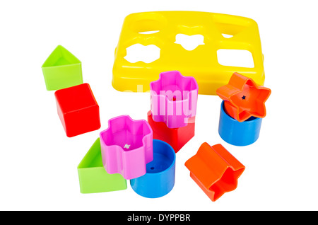 Shape sorter toy with various coloured blocks isolated on white background Stock Photo