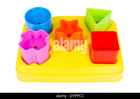 Shape sorter toy with various coloured blocks isolated on white background Stock Photo