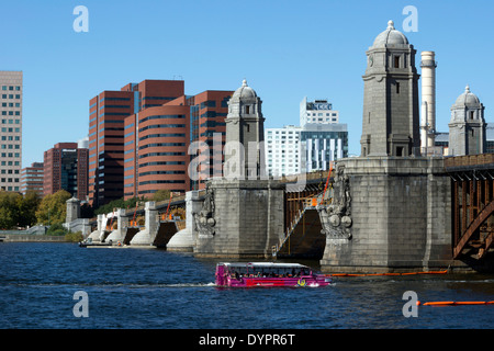 An amphibious tourist craft going under the Longfellow Bridge over the Charles River in Boston, Massachusetts, USA Stock Photo