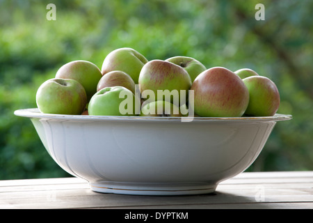 Apples in a ceramic bowl on a wooden table Stock Photo