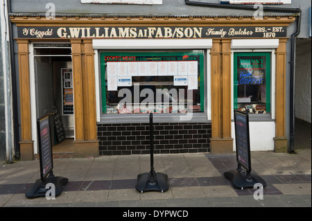 Traditional family butchers on the High Street Bangor Gwynedd North Wales UK Stock Photo