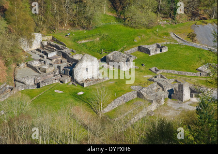 View over the remains of 19th century Bryntail Lead Mine below the Clywedog Dam near Llanidloes Powys Mid Wales UK Stock Photo