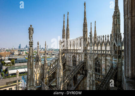 Milan, Italy. 23rd Apr, 2014. view of the city center palaces from the rooftop of the Duomo cathedral Stock Photo