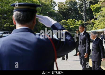 Tokyo, TOKYO, JAPAN. 24th Apr, 2014. US President Barack Obama and Japan's Emperor Akihito (R) are on the way for the welcoming ceremony at the Imperial Palace in Tokyo, Japan, 24 April 2014. US President Barack Obama arrived in Japan at night 23 April for a three-day state visit amid growing concerns over North Korea's nuclear programs and China's assertiveness in the East China Sea. Obama last visited the country in November 2010. Credit:  Kimimasa Mayama/Jana Press/ZUMAPRESS.com/Alamy Live News Stock Photo