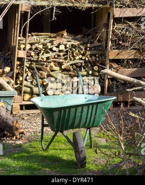 Green Garden Wheel Barrow against a back drop of stacked wood store Stock Photo