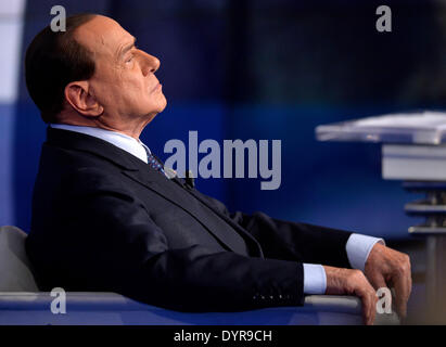 Rome, Italy. 24th Apr, 2014. Italian former Prime Minister, Forza Italia Party leader Silvio Berlusconi records a TV programme named 'door to door' in Rome, Italy, April 24, 2014. Berlusconi started his party's election campaign for the European Parliament election which is scheduled to be held in the next month. © Alberto Lingria/Xinhua/Alamy Live News Stock Photo