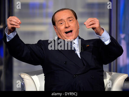 Rome, Italy. 24th Apr, 2014. Italian former Prime Minister, Forza Italia Party leader Silvio Berlusconi records a TV programme named 'door to door' in Rome, Italy, April 24, 2014. Berlusconi started his party's election campaign for the European Parliament election which is scheduled to be held in the next month. © Alberto Lingria/Xinhua/Alamy Live News Stock Photo