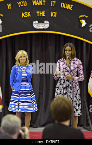 US First Lady Michelle Obama and Dr. Jill Biden wife of Vice President Joe Biden launch of the Online Veterans Employment Center at Fort Campbell April 23, 2014, Hopkinsville, Kentucky. Stock Photo