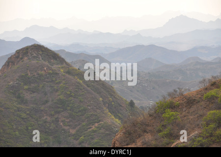 The view of Chinese mountains from the Great Wall of China at Jinshanling, Chengde, Hebei, China Stock Photo