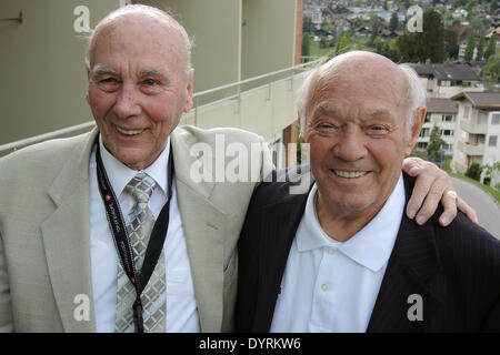 Spiez, Switzerland. 24th Apr, 2014. Soccer players in the 1954 World Cup final, Horst Eckel (L, Germany) and Jeno Buzanszky (Hungary) pose at Hotel Belvedere at Thunersee lake, where the German team stayed during the 1954 World Cup, in Spiez, Switzerland, 24 April 2014. Six decades after the German 3-2 final against Hungary in the 1958 World Cup, former national players Eckel and Buzansky are meeting again for the opening of the exhibition '60 years Miracle of Bern' at Hotel Belvedere. Photo: THOMAS BURMEISTER/dpa/Alamy Live News Stock Photo