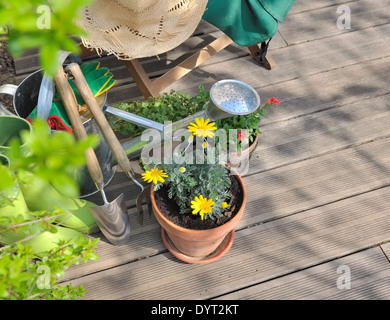 flowers pots, tools and over accessories to gardening on a wooden terrace Stock Photo