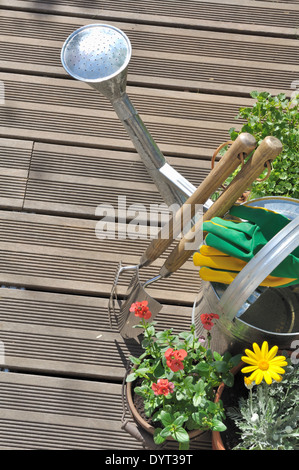 flowers pot and gardening tools with watering can on a wooden terrace Stock Photo