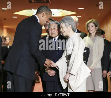 Tokyo, Japan. 25th Apr, 2014. US President BARACK OBAMA (L) bids a farewell to Japan's EMPEROR AKIHITO (C) and EMPRESS MICHIKO with US Ambassador to Japan CAROLINE KENNEDY (R) as the Imperial couple visit Obama prior to his departure for South Korea. US President Barack Obama arrived in Japan at night 23 April for a three-day state visit amid growing concerns over North Korea's nuclear programs and China's assertiveness in the East China Sea. Obama last visited the country in November 2010. Credit:  Kimimasa Mayama-POOL/ZUMAPRESS.com/Alamy Live News Stock Photo