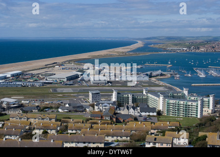 View towards Chesil Beach from the top of the Isle of Portland, Dorset, UK Stock Photo
