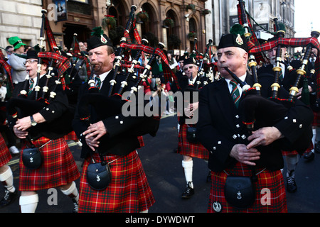 Scottish bagpipe band playing at St. Patrick Parade in London