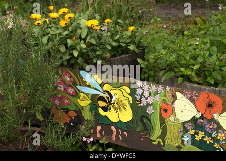 A Brightly Painted Wooden Trough Filled with Plants in a Wild Garden in The Dearne Valley Yorkshire England United Kingdom UK Stock Photo