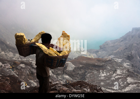 Man carrying baskets laden with blocks of sulfur. Sulfur mine and acid lake are visible below, Kawah Ijen, East Java, Indonesia Stock Photo