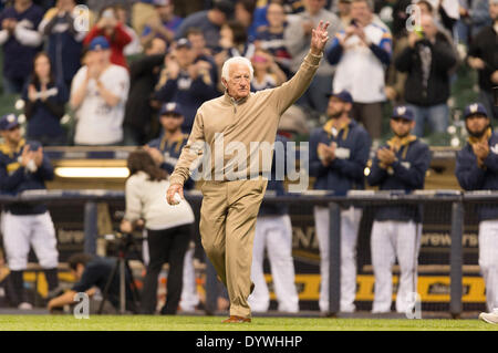 Milwaukee, Wisconsin, USA. 25th Apr, 2014. April 25, 2014: Bob Uecker is honored and throws out the first pitch prior to the Major League Baseball game between the Milwaukee Brewers and the Chicago Cubs at Miller Park in Milwaukee, WI. John Fisher/CSM/Alamy Live News Stock Photo