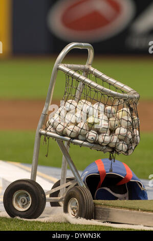 Milwaukee, Wisconsin, USA. 25th Apr, 2014. April 25, 2014: Major League baseballs sit in a basket during batting practice just prior to the start of the Major League Baseball game between the Milwaukee Brewers and the Chicago Cubs at Miller Park in Milwaukee, WI. John Fisher/CSM/Alamy Live News Stock Photo