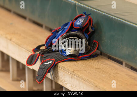 Milwaukee, Wisconsin, USA. 25th Apr, 2014. April 25, 2014: A Chicago Cub's catching gear sits in the dugout just prior to the start of the Major League Baseball game between the Milwaukee Brewers and the Chicago Cubs at Miller Park in Milwaukee, WI. John Fisher/CSM/Alamy Live News Stock Photo