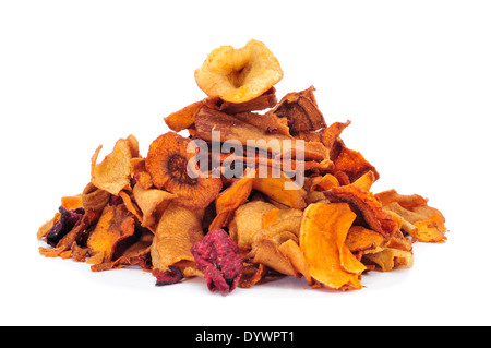 a pile of different vegetable chips, such as parsnips, sweet potatoes and carrots, on a white background Stock Photo