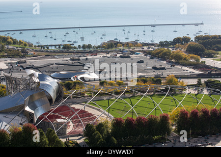 Jay Pritzker Pavilion and lake front marina in Millennium Park from above in Chicago USA Stock Photo
