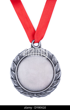 Silver medal with red ribbonon a white background Stock Photo