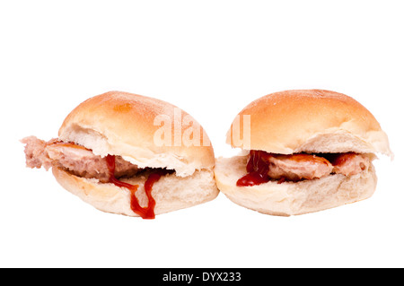Fried Sausages In White Bread Soft Rolls With Brown Sauce Stock Photo