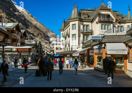 Main street in Zermatt, Wallis or Valais, Switzerland Stock Photo