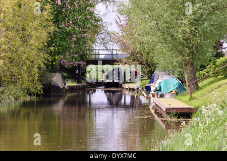 Marmont Priory Lock on the River Nene, old course, on the Middle Level Navigation, Cambridgeshire Fen. Stock Photo