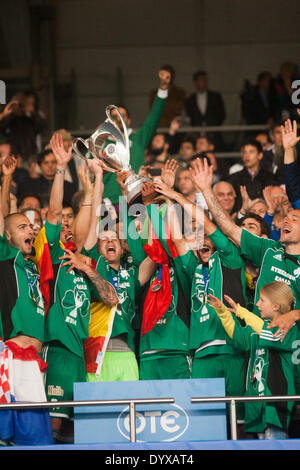 Athens, Greece, 2014, 27th of April. Panathinaikos beats PAOK 4-1, for the final game of Greek Cup in Football. Players of Panathinaikos are seen celebrating the conquest of the Greek Cup in Football. Players of Panathinaikos are seen celebrating after the conquest of the Greek Cup in Football.Panathinaikos beats PAOK 4-1, for the final game of Greek Cup in Football. Stock Photo