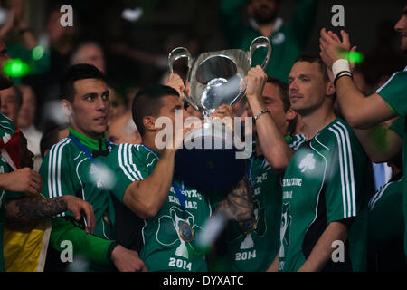 Athens, Greece, 2014, 27th of April. Panathinaikos beats PAOK 4-1, for the final game of Greek Cup in Football. Players of Panathinaikos are seen celebrating the conquest of the Greek Cup in Football. Players of Panathinaikos are seen celebrating after the conquest of the Greek Cup in Football.Panathinaikos beats PAOK 4-1, for the final game of Greek Cup in Football. Stock Photo