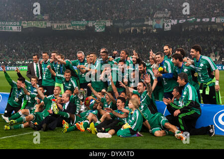 Athens, Greece, 2014, 27th of April. Panathinaikos beats PAOK 4-1, for the final game of Greek Cup in Football. Players of Panathinaikos are seen celebrating the conquest of the Greek Cup in Football. Players of Panathinaikos are seen celebrating after the conquest of the Greek Cup in Football.Panathinaikos beats PAOK 4-1, for the final game of Greek Cup in Football. Stock Photo