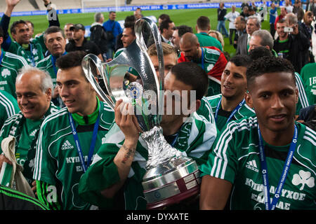 Athens, Greece, 2014, 27th of April. Panathinaikos beats PAOK 4-1, for the final game of Greek Cup in Football. Players of Panathinaikos are seen celebrating the conquest of the Greek Cup in Football. Players of Panathinaikos are seen celebrating after the conquest of the Greek Cup in Football.Panathinaikos beats PAOK 4-1, for the final game of Greek Cup in Football. Stock Photo