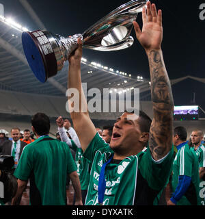 Athens, Greece, 2014, 27th of April. Panathinaikos beats PAOK 4-1, for the final game of Greek Cup in Football. Players of Panathinaikos are seen celebrating the conquest of the Greek Cup in Football. Players of Panathinaikos are seen celebrating after the conquest of the Greek Cup in Football.Panathinaikos beats PAOK 4-1, for the final game of Greek Cup in Football. Stock Photo