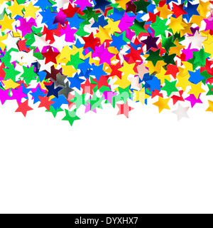 star shaped red, blue, green, gold confetti on white background. festive colorful background Stock Photo
