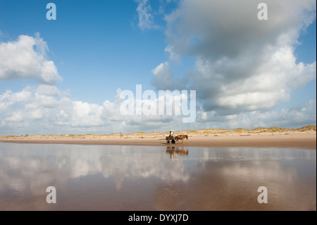 Pirambu, Sergipe State, North East Brazil. Two men in a horse and cart on an empty beach with clouds reflected in the sea. Stock Photo