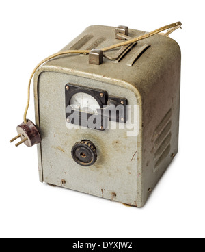 Old portable electricity generator (transformer) with plug and voltmeter isolated on white background Stock Photo