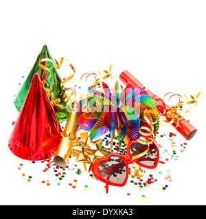 colorful decoration with garlands, streamer, cracker, party glasses and confetti. festive accessory background Stock Photo