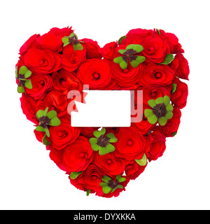 red heart of roses with clover leaves and white card for your text on white background. concept GOOD LUCK Stock Photo
