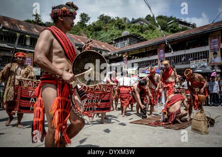 Banaue, Philippines. 27th Apr, 2014. Ifugao tribesmen perform a ritual dance during the Imbayah festival in Banaue town, Ifugao province, northern Philippines, April 27, 2014. The Imbayah festival is a celebration of Ifugao culture and thanksgiving, a gathering of the many tribes that make up the population of the Ifugao Rice Terraces, a UNESCO World Heritage site.Photo: Ezra Acayan/NurPhoto Credit:  Ezra Acayan/NurPhoto/ZUMAPRESS.com/Alamy Live News Stock Photo