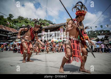 Banaue, Philippines. 27th Apr, 2014. Ifugao tribesmen perform a ritual dance during the Imbayah festival in Banaue town, Ifugao province, northern Philippines, April 27, 2014. The Imbayah festival is a celebration of Ifugao culture and thanksgiving, a gathering of the many tribes that make up the population of the Ifugao Rice Terraces, a UNESCO World Heritage site.Photo: Ezra Acayan/NurPhoto Credit:  Ezra Acayan/NurPhoto/ZUMAPRESS.com/Alamy Live News Stock Photo