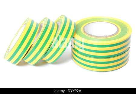 Closeup of multicolored insulating tapes isolated on white background Stock Photo
