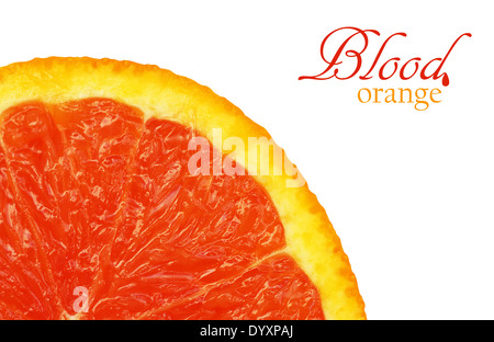 Macro of a slice of blood red orange on white background Stock Photo