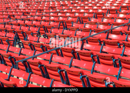 Empty grandstand seats at Fenway Park in Boston, Massachusetts