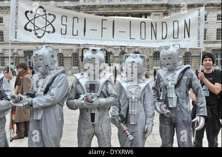 Somerset House, London, UK. 27th April 2014. Multiple Cybermen pose with the banner in Somerset House for the Sci-Fi London Festival Costume Parade. Credit:  Matthew Chattle/Alamy Live News Stock Photo